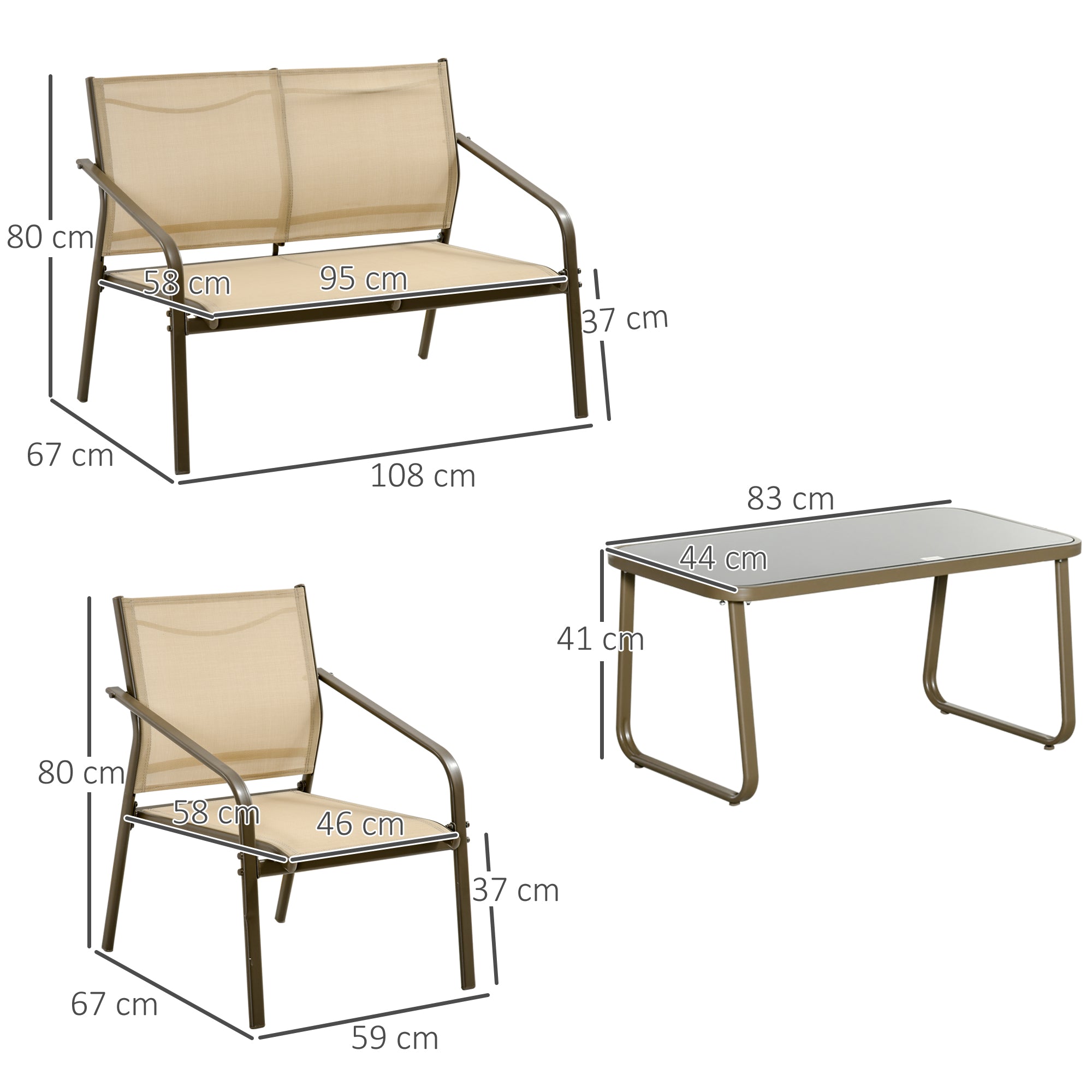 EasyComfort Set da Giardino 4 Pezzi con 2 Sedie, 1 Divanetto e 1 Tavolino da Caffè, Kaki