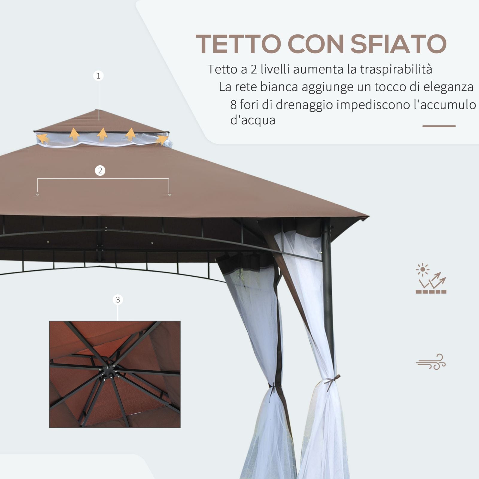 Easycomfort Gazebo da Giardino 3x3m con Zanzariera, Tetto a 2 Livelli e Struttura in Metallo Marrone