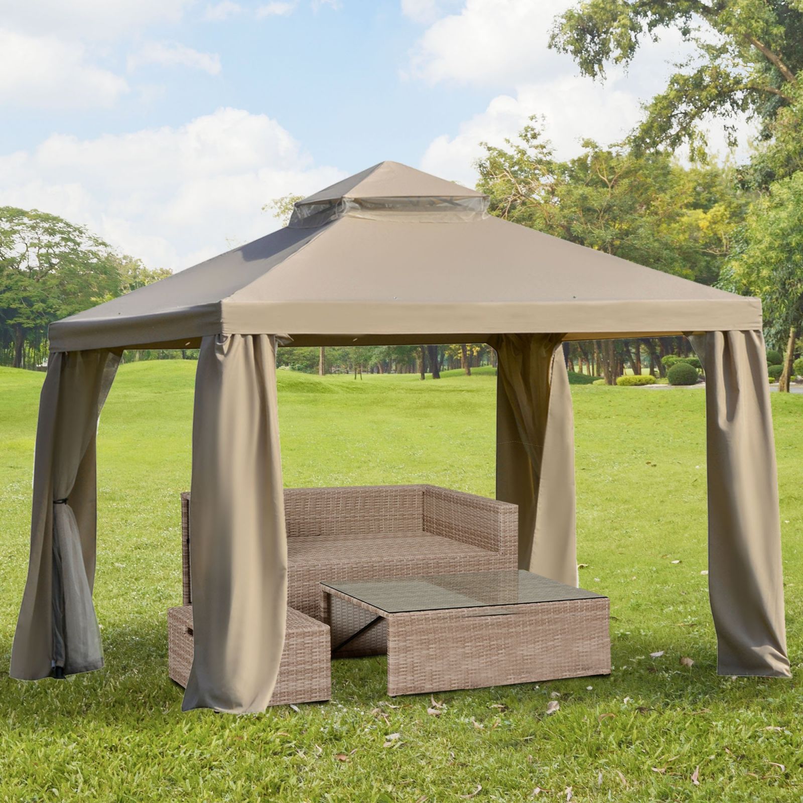 Easycomfort Gazebo da Giardino 3x3m in Metallo con Zanzariera e Tetto a 2 Livelli in Poliestere Cachi