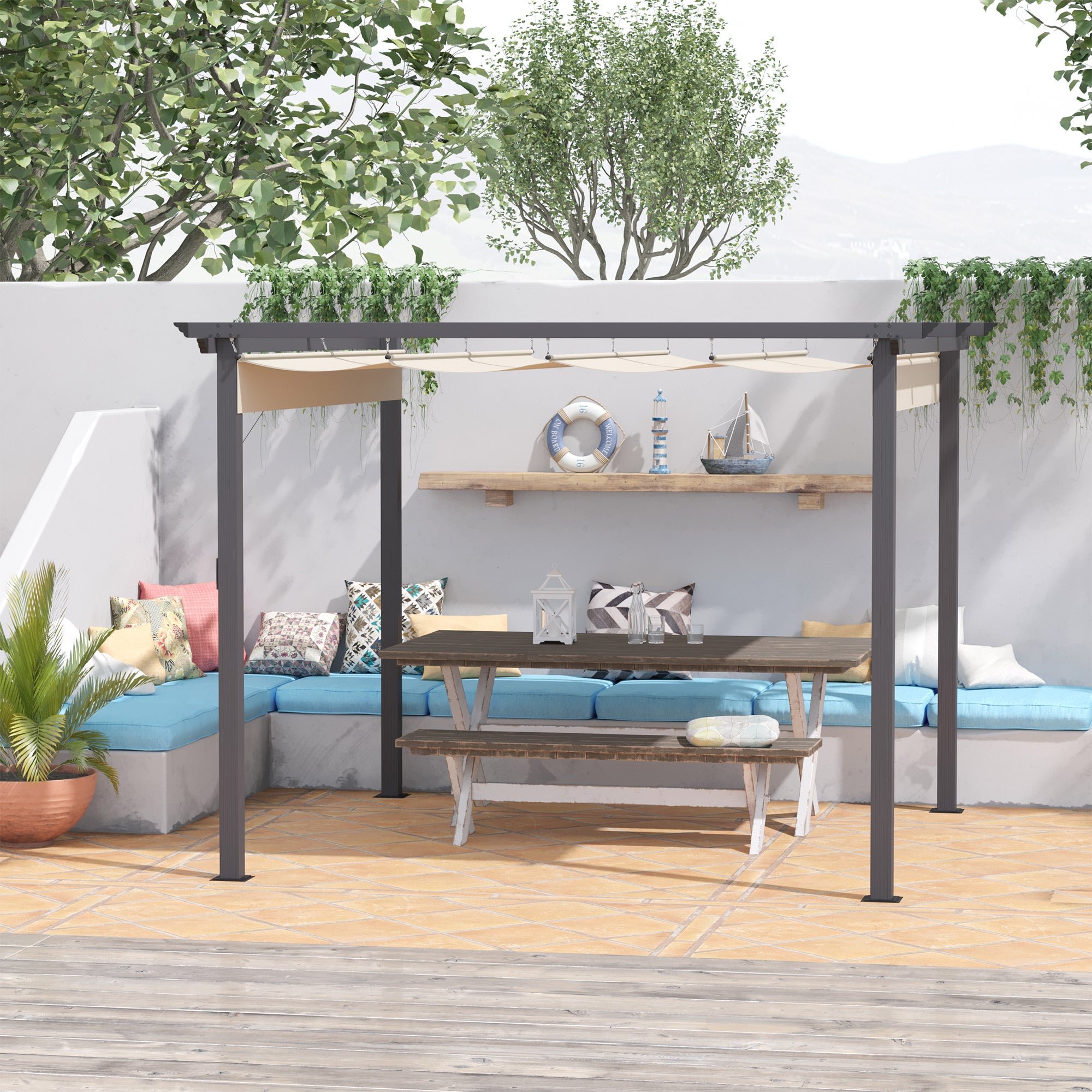 EASYCOMFORT  Gazebo Pergola da Giardino 2.95x2.95m con Tenda a Scomparsa, in Alluminio e Poliestere, Bianco Crema