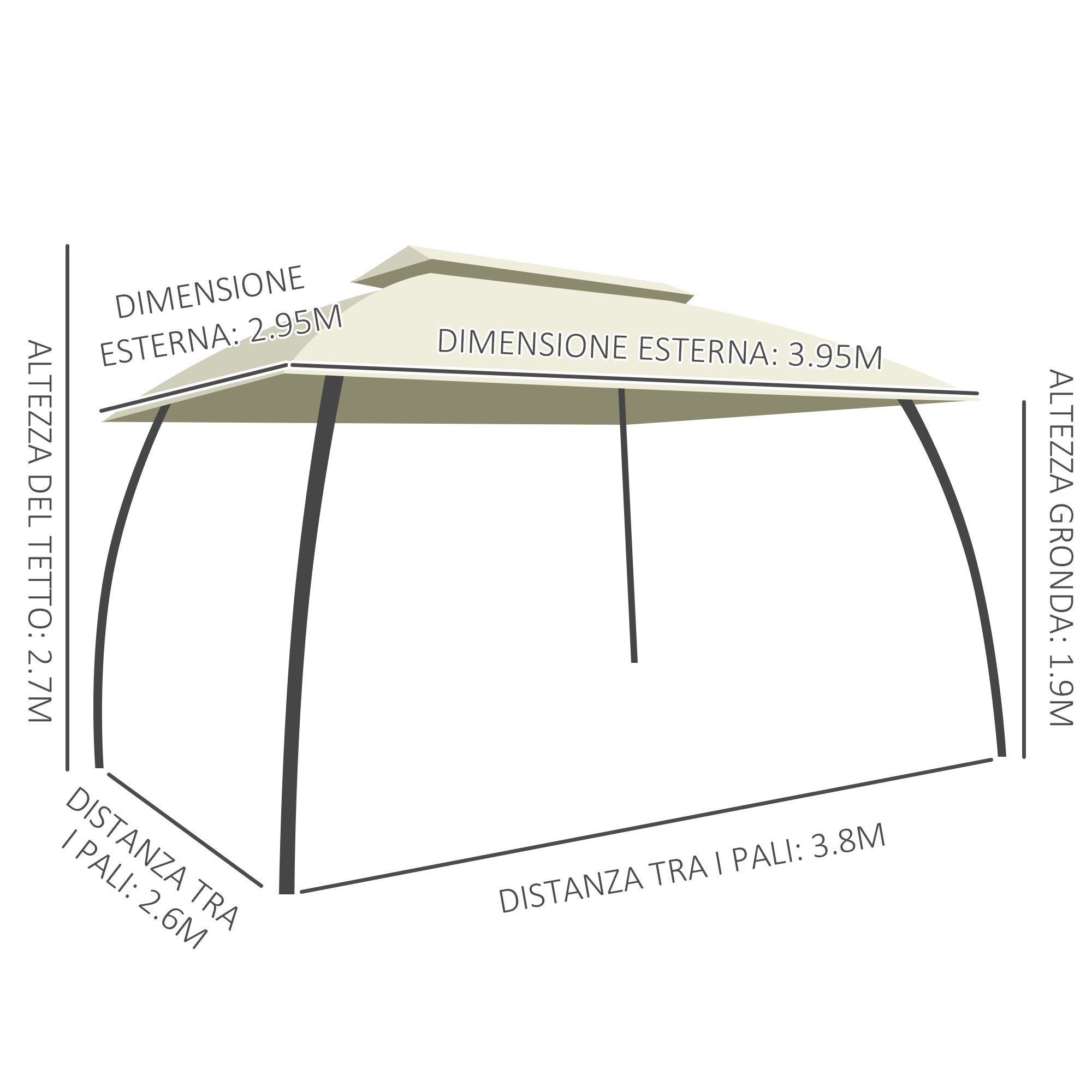 EASYCOMFORT  Gazebo da Giardino 3.95x2.95m con Doppio Tettuccio, Pareti in Poliestere e 8 Picchetti, in Acciaio, Beige