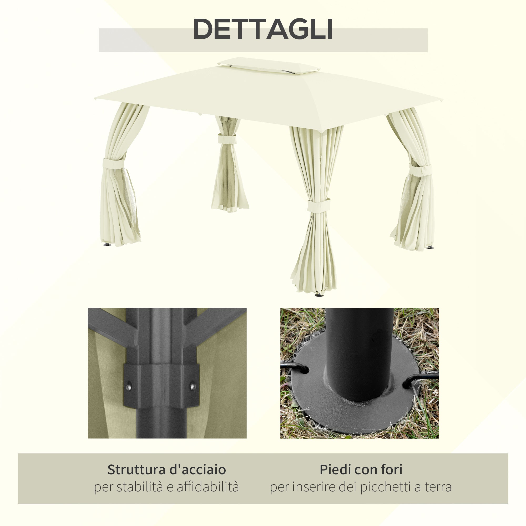 EASYCOMFORT  Gazebo da Giardino 3.95x2.95m con Doppio Tettuccio, Pareti in Poliestere e 8 Picchetti, in Acciaio, Beige