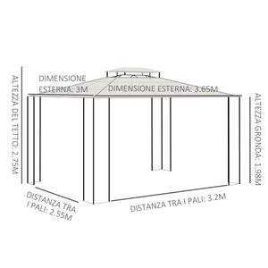 EASYCOMFORT  Gazebo da Giardino 3.65x3m con Tetto in Policarbonato a 2 Livelli, Acciaio e Alluminio, Marrone