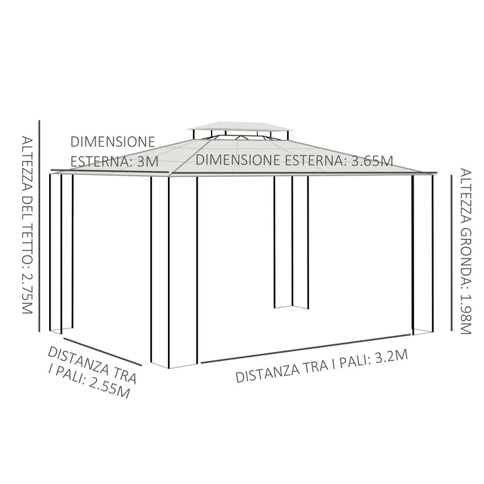 EASYCOMFORT  Gazebo da Giardino 3.65x3m con Tetto in Policarbonato a 2 Livelli, Acciaio e Alluminio, Marrone