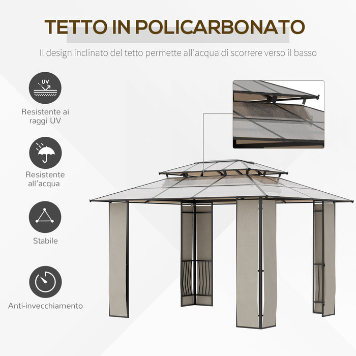 EASYCOMFORT  Gazebo da Giardino 3.65x3m con Tetto in Policarbonato a 2 Livelli, Acciaio e Alluminio, Marrone