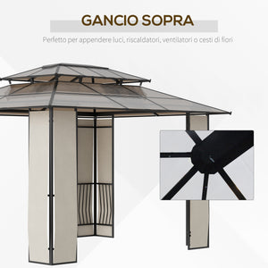 EASYCOMFORT  Gazebo da Giardino 3.65x3m con Tetto in Policarbonato a 2 Livelli, Acciaio e Alluminio, Marrone