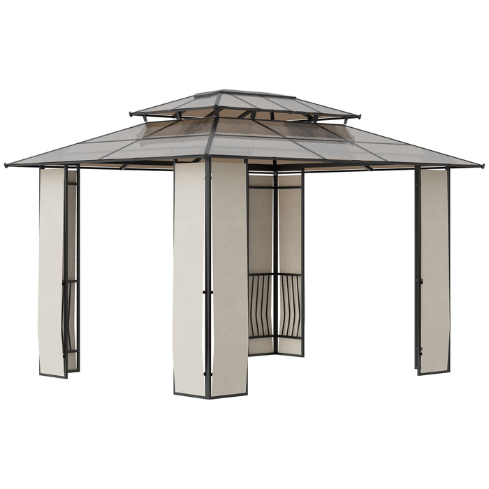 EASYCOMFORT  Gazebo da Giardino 3.65x3m con Tetto in Policarbonato a 2 Livelli, Acciaio e Alluminio, Marrone