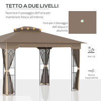 EASYCOMFORT  Gazebo da Giardino con Zanzariera, Doppio Tetto, Struttura Metallo e Mensole, 3.65x3m Marrone e Beige