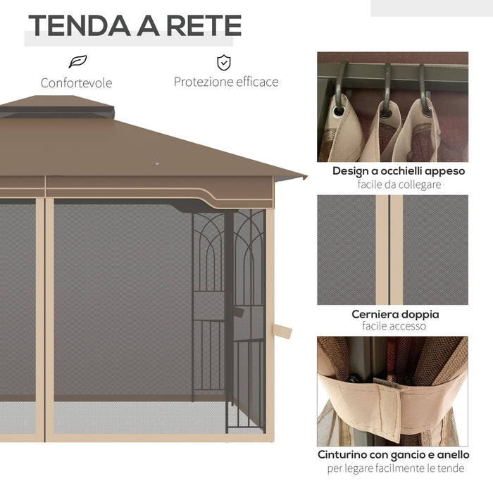 EASYCOMFORT  Gazebo da Giardino con Zanzariera, Doppio Tetto, Struttura Metallo e Mensole, 3.65x3m Marrone e Beige