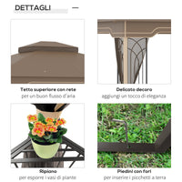 EASYCOMFORT  Gazebo da Giardino con Zanzariera, Doppio Tetto, Struttura Metallo e Mensole, 3.65x3m Marrone e Beige