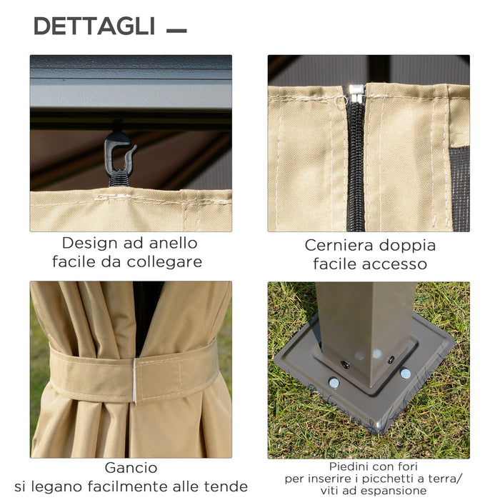 EasyComfort Gazebo da Giardino 3x3m con Tetto in Policarbonato e Zanzariere, Caffè e Khaki