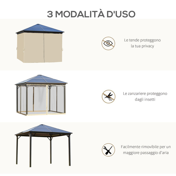 EasyComfort Gazebo da Giardino 3x3m con Tetto in Policarbonato e Zanzariere, Caffè e Khaki