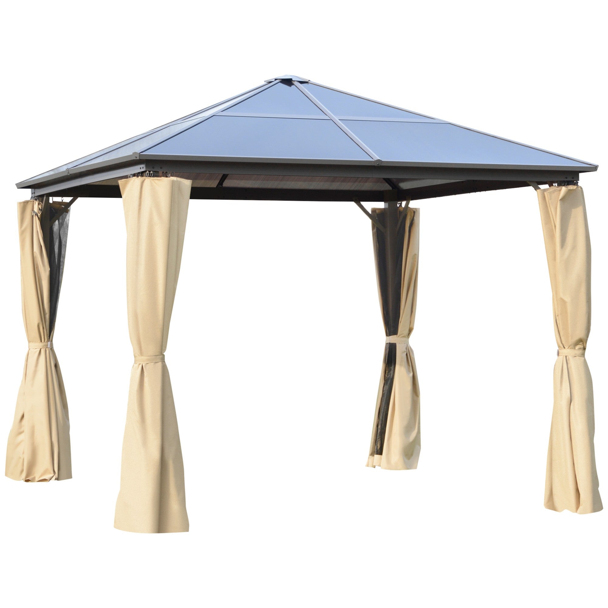 EasyComfort Gazebo da Giardino 3x3m con Tetto in Policarbonato e Zanzariere, Caffè e Khaki