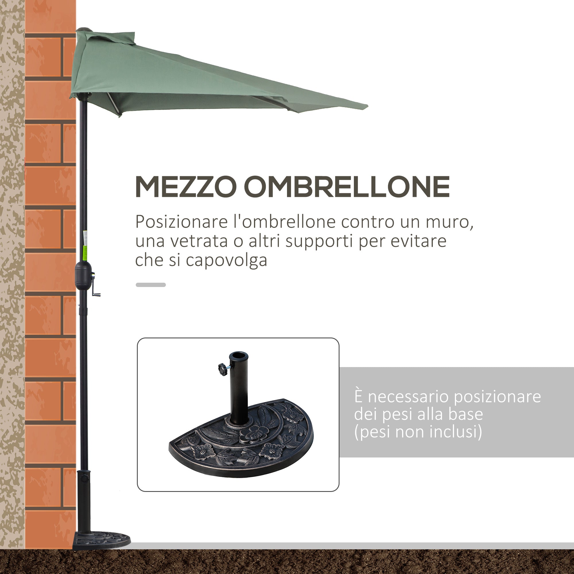 Easycomfort Ombrellone Semicircolare da Parete 2.7x2.4 m con Apertura a Manovella in Poliestere, Verde