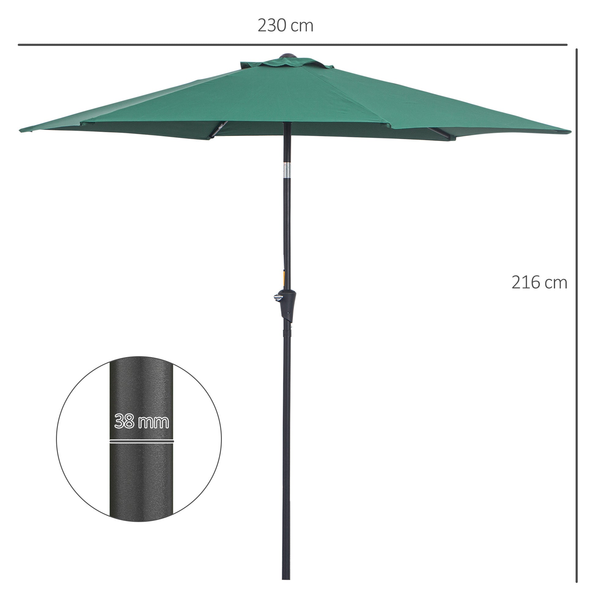 Ombrellone da Giardino Ø2.7x2.35 m Palo Ø38 mm in Alluminio Inclinabile Verde Scuro