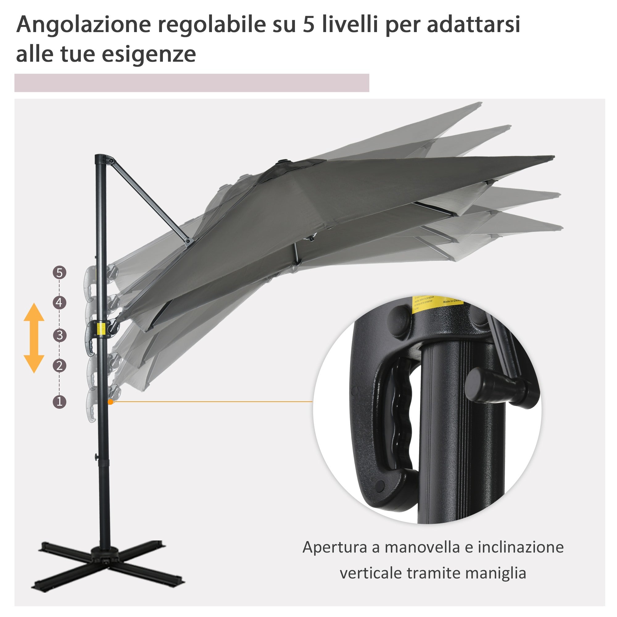 EasyComfort Ombrellone da Giardino con Angolazione Regolabile su 5 Livelli e Rotazione a 360°, 2.5x2.5 m, Grigio