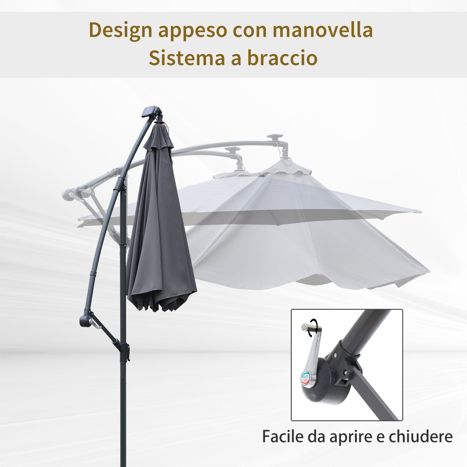 Easycomfort Ombrellone da Giardino Ø3x2.5 m a Braccio con Manovella e 8 Strisce LED a Energia Solare, Grigio