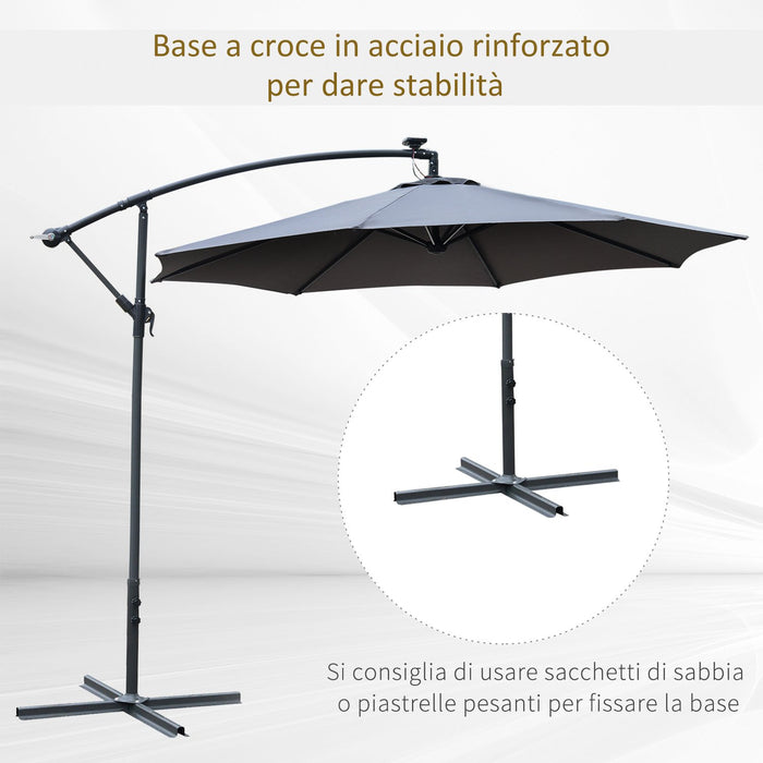 Easycomfort Ombrellone da Giardino Ø3x2.5 m a Braccio con Manovella e 8 Strisce LED a Energia Solare, Grigio