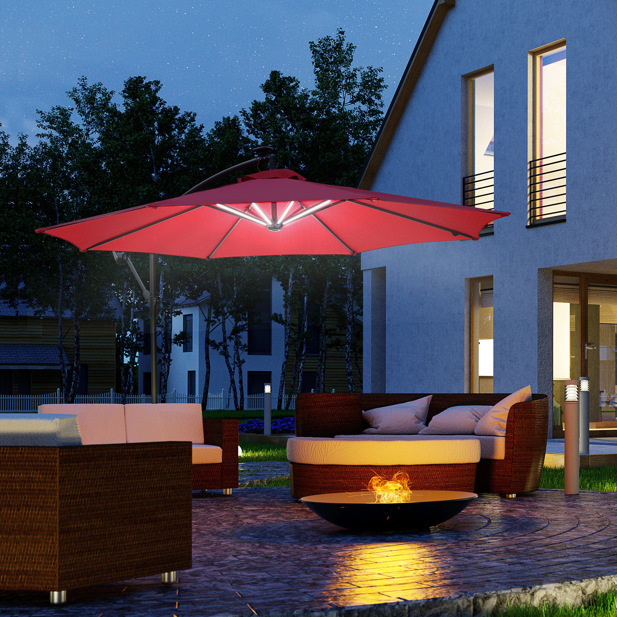 EasyComfort Ombrellone da Giardino a Braccio Ø3x2.4 m con Manovella e 8 Strisce LED a Energia Solare, Rosso scuro