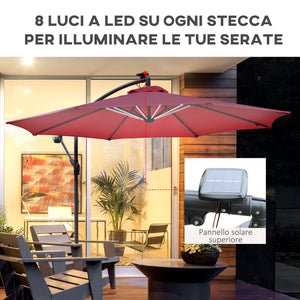 EasyComfort Ombrellone da Giardino a Braccio Ø3x2.4 m con Manovella e 8 Strisce LED a Energia Solare, Rosso scuro