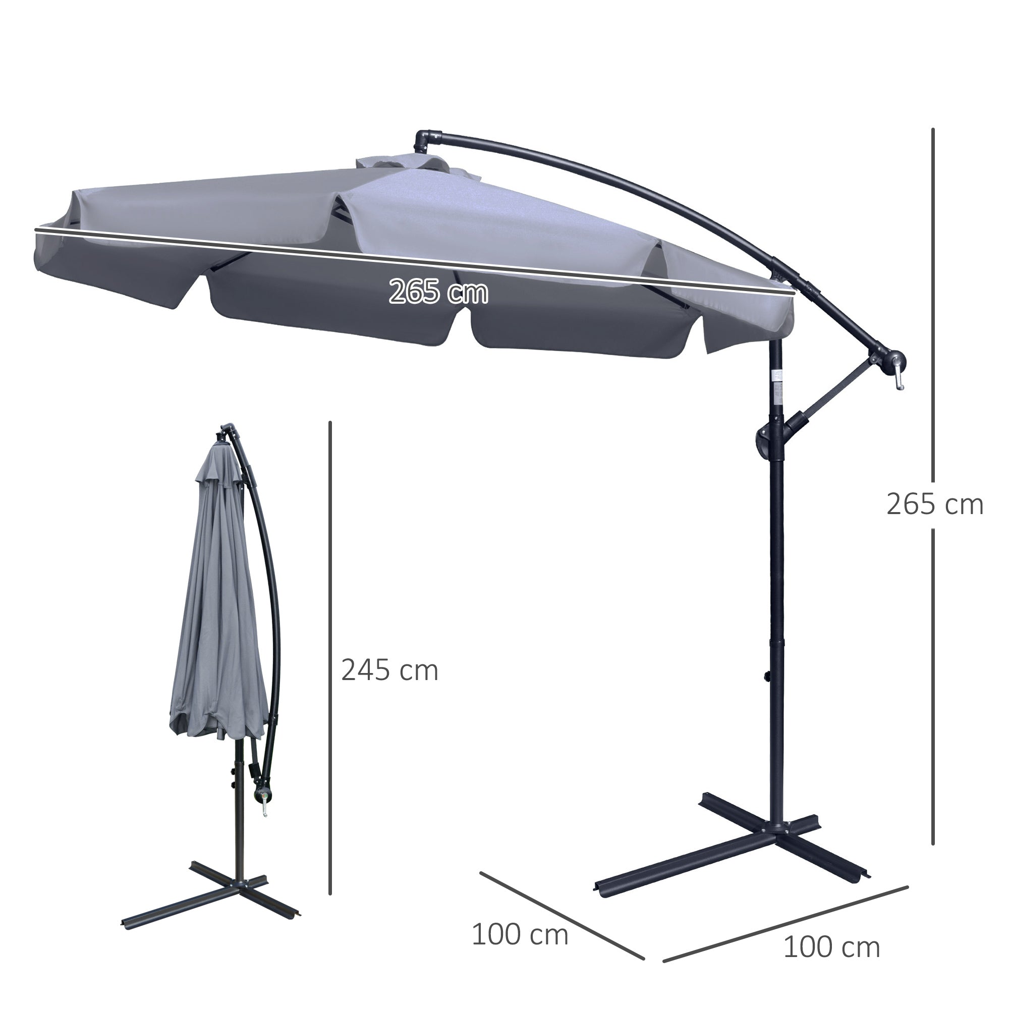 EASYCOMFORT  Ombrellone da Giardino a Braccio con Apertura a Manovella e Inclinabile, ?265x265cm, Grigio