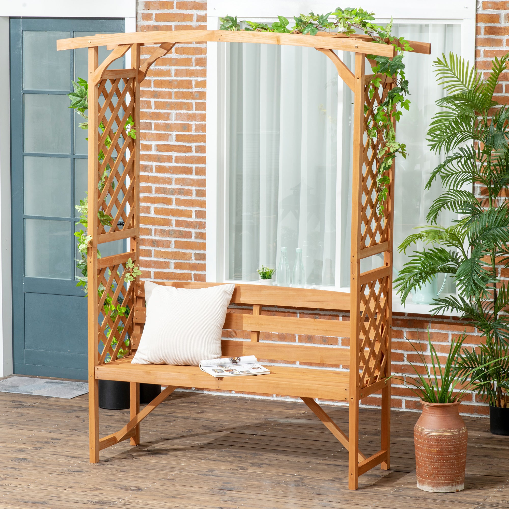 EasyComfort Panchina da Giardino in Legno di Abete con Arco Decorativo per Piante e Vasi, 160x50x198 cm, Marrone