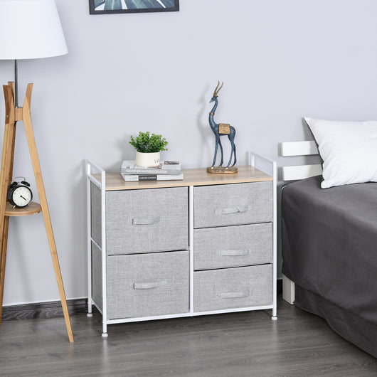 Easycomfort Cassettiera in Metallo Bianco e Legno con 5 Cassetti Pieghevoli e Rimovibili in Tessuto Grigio, 83Lx 29P x 77Acm