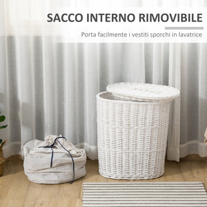 EASYCOMFORT  Cesto Portabiancheria in Vimini con Coperchio e Sacco Interno in Tessuto Lavabile, Bianco