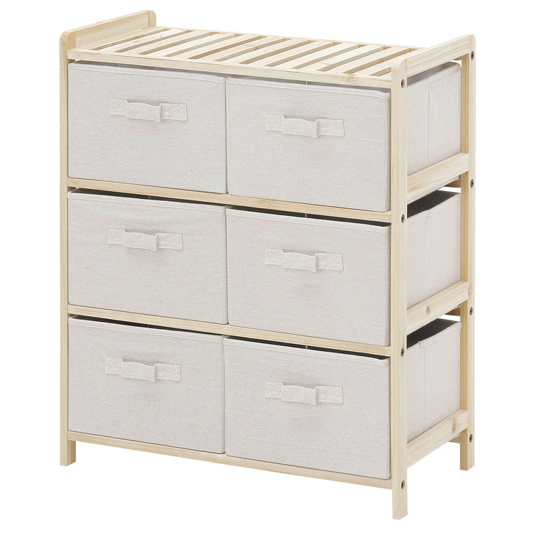 Cassettiera 6 Cassetti in Tessuto Pieghevoli ed Estraibili 59x28x70 cm Beige/Legno