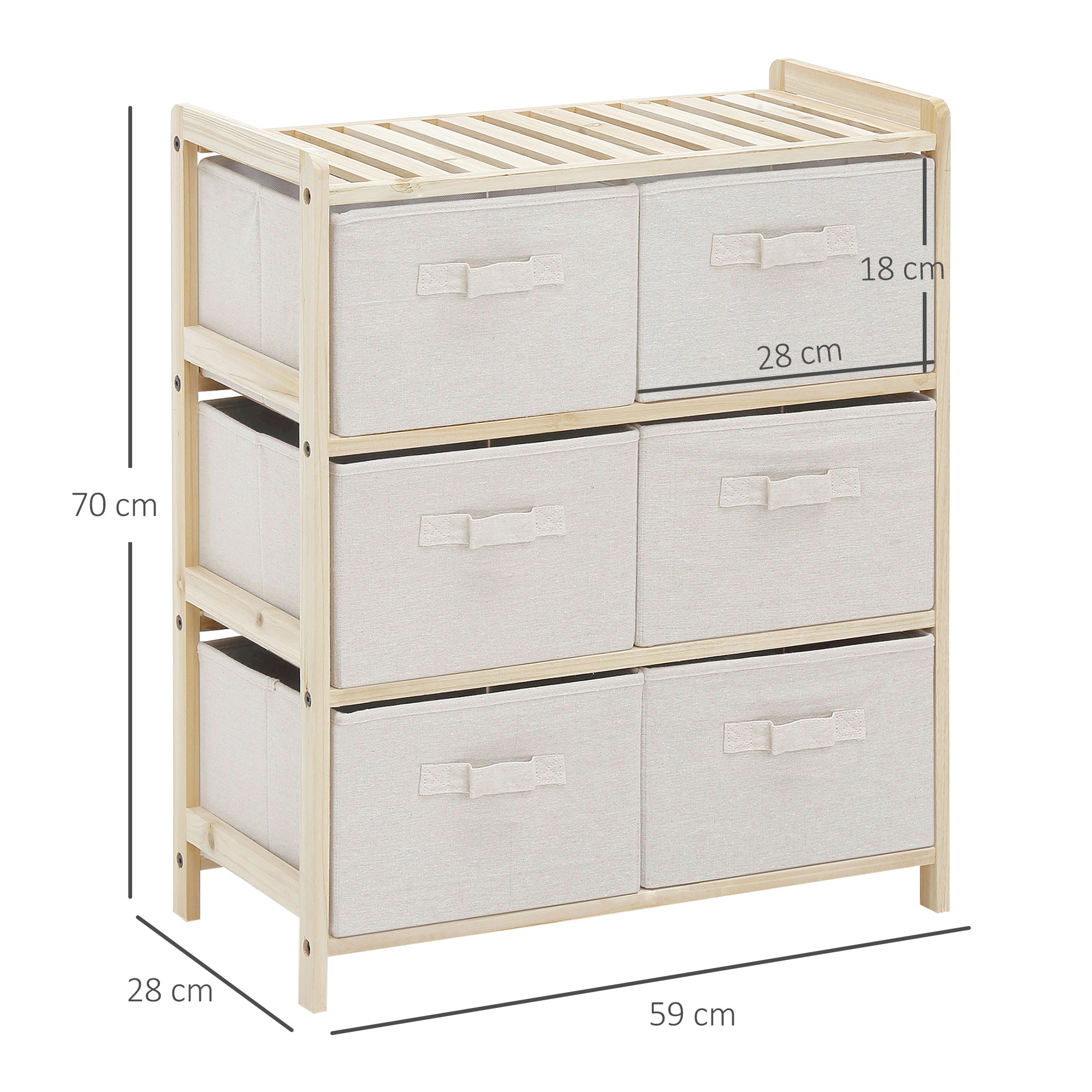 Cassettiera 6 Cassetti in Tessuto Pieghevoli ed Estraibili 59x28x70 cm Beige/Legno