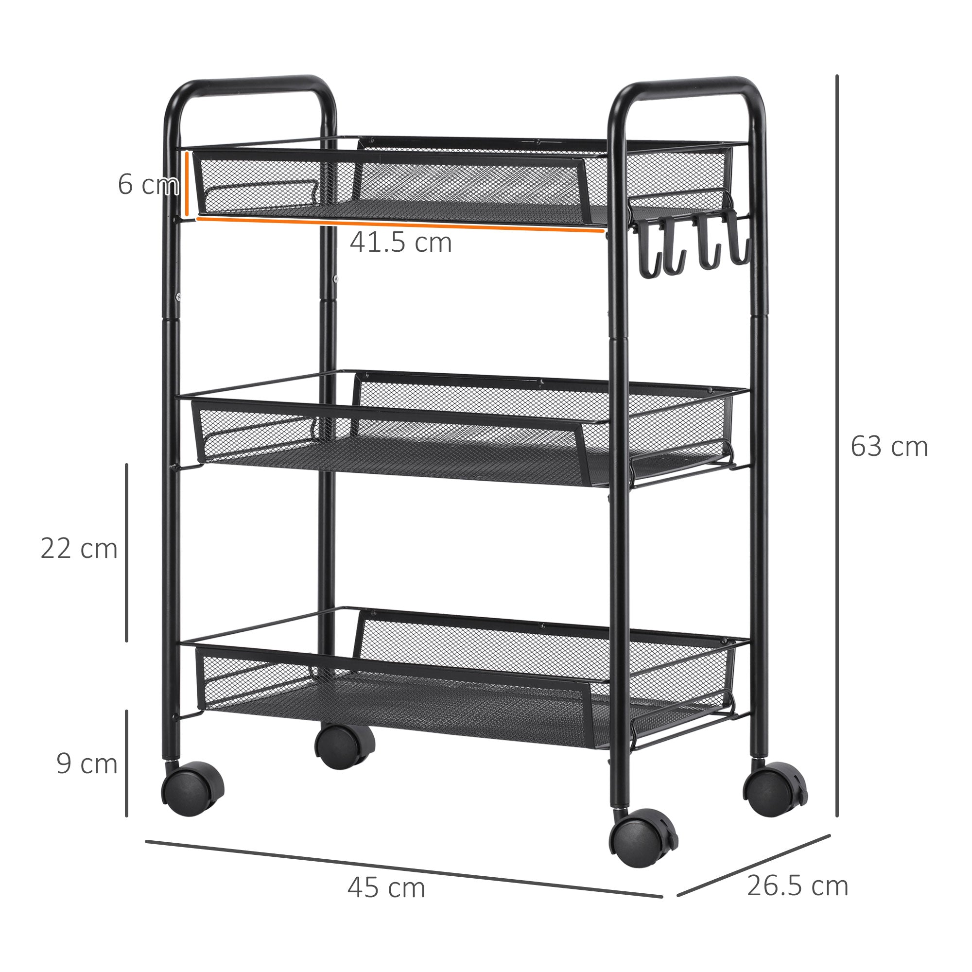 EASYCOMFORT  Carrello da Cucina a 3 Livelli con Cesti Removibili e 4 Ruote, in Acciaio e Plastica PP, 41.5Lx26.5x63 cm, Nero