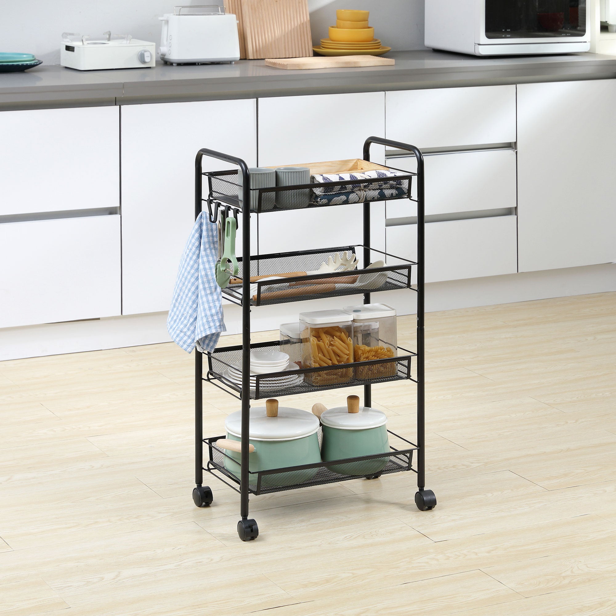 EASYCOMFORT  Carrello da Cucina a 4 Ripiani Rimovibili con 4 Ganci e Ruote, in Acciaio e Plastica PP, 45x26.5x84 cm, Nero