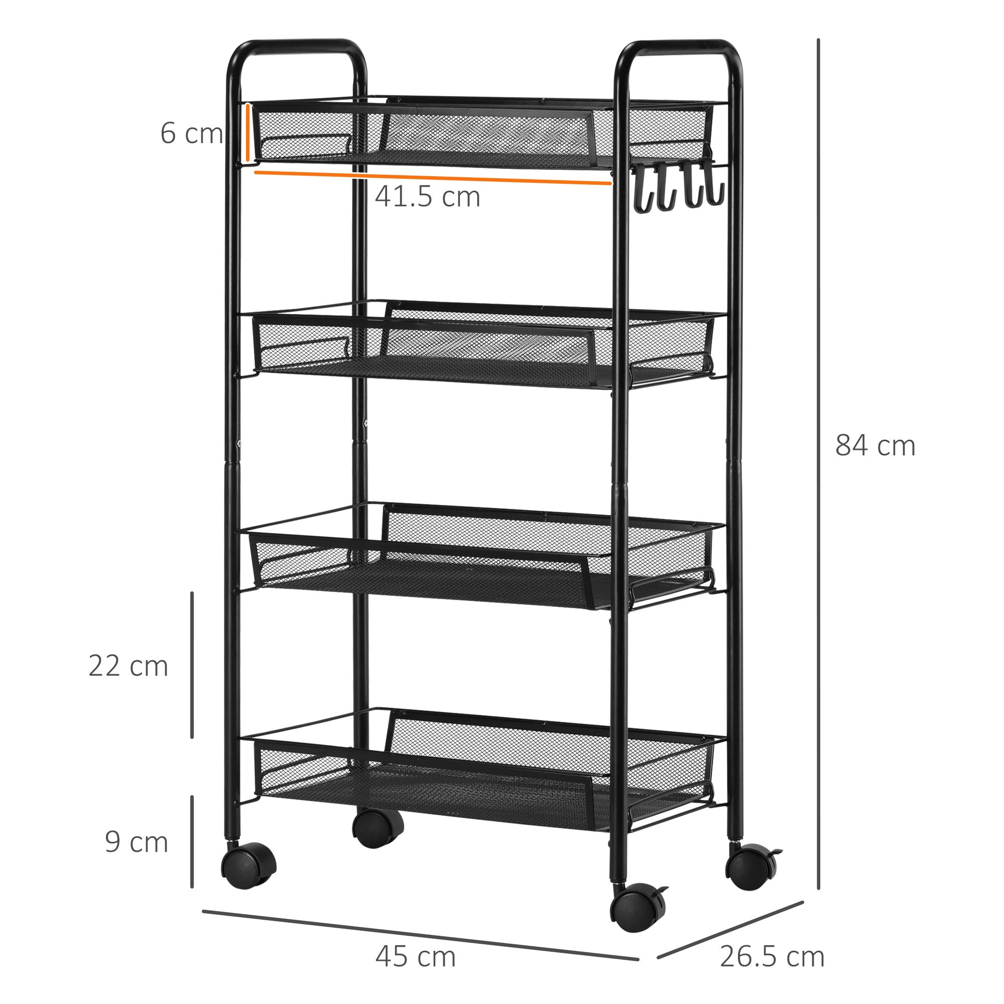 EASYCOMFORT  Carrello da Cucina a 4 Ripiani Rimovibili con 4 Ganci e Ruote, in Acciaio e Plastica PP, 45x26.5x84 cm, Nero