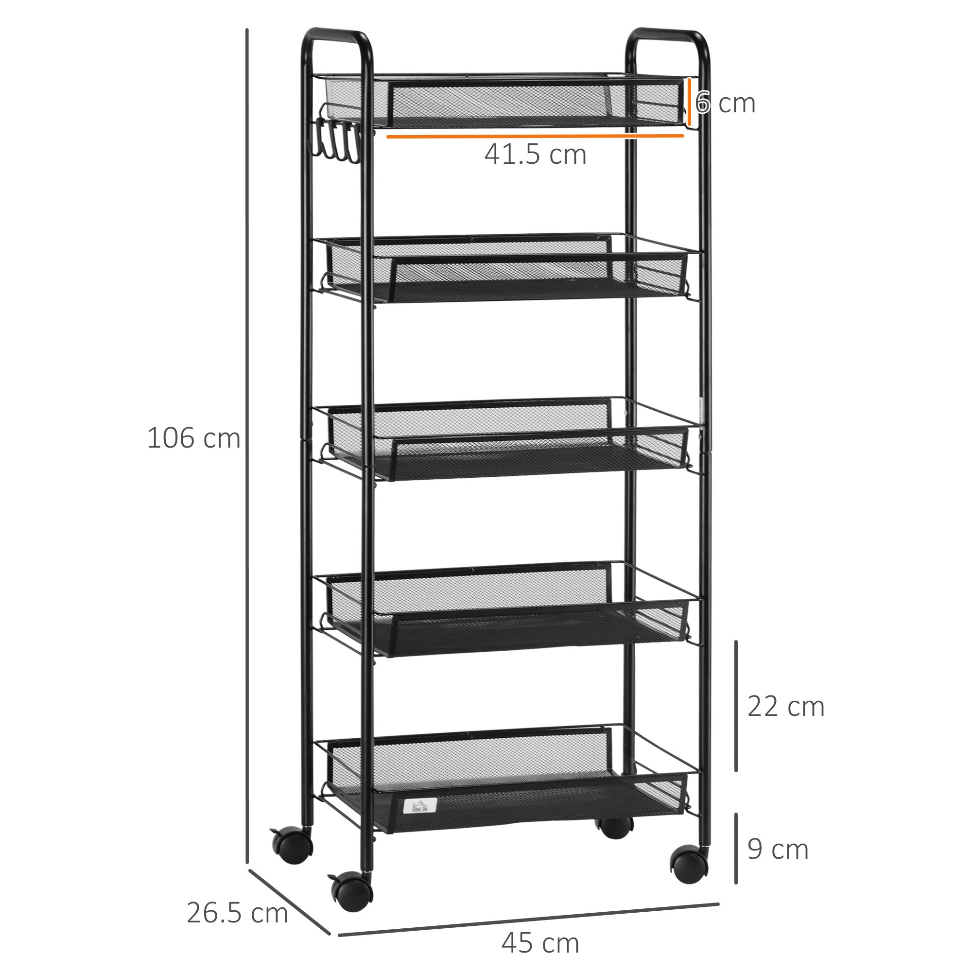 EasyComfort Carrello da Cucina Salvaspazio a 5 Livelli con Cestini a Rete in Acciaio, 45x26.5x106cm, Nero