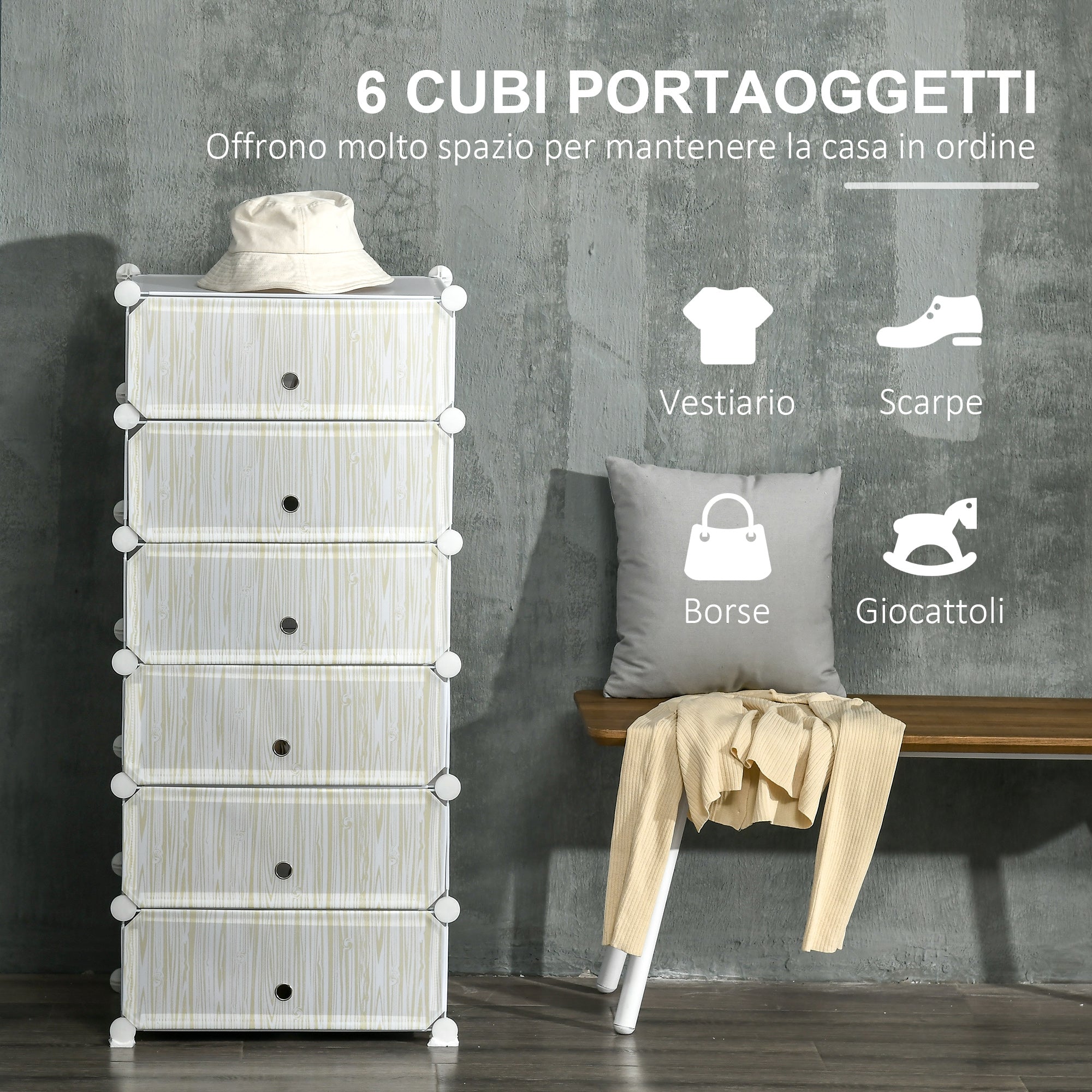 EASYCOMFORT  Mobile Scarpiera Modulare Salvaspazio, 6 Cubi 45x35x17cm in Plastica PP e Acciaio, 45x36.5x108cm, Bianco