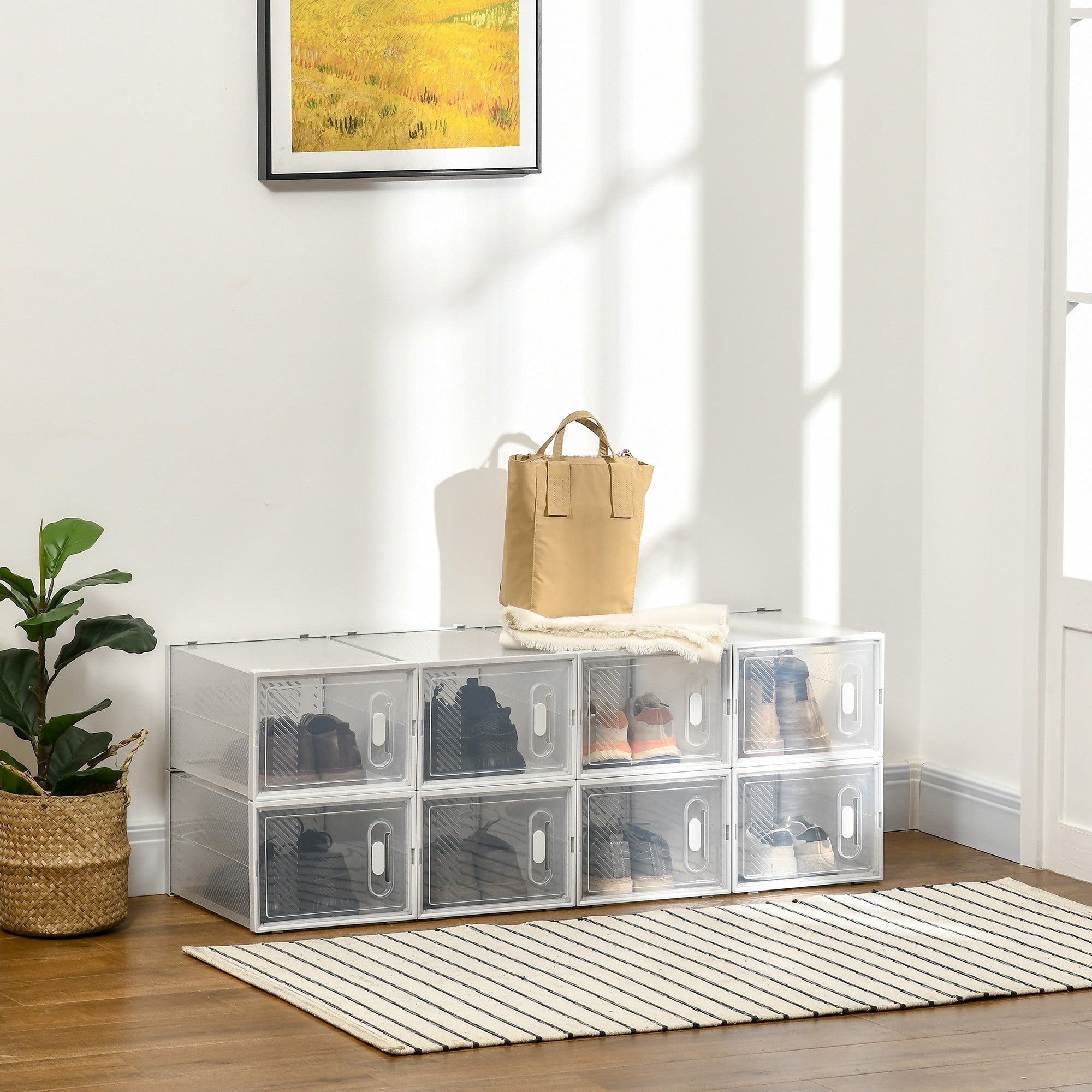 EASYCOMFORT  Mobile Scarpiera Modulare Salvaspazio per Interni con Fori di Ventilazione, 8 Cubi 28x36x21cm in Plastica PP, Bianco e Trasparente