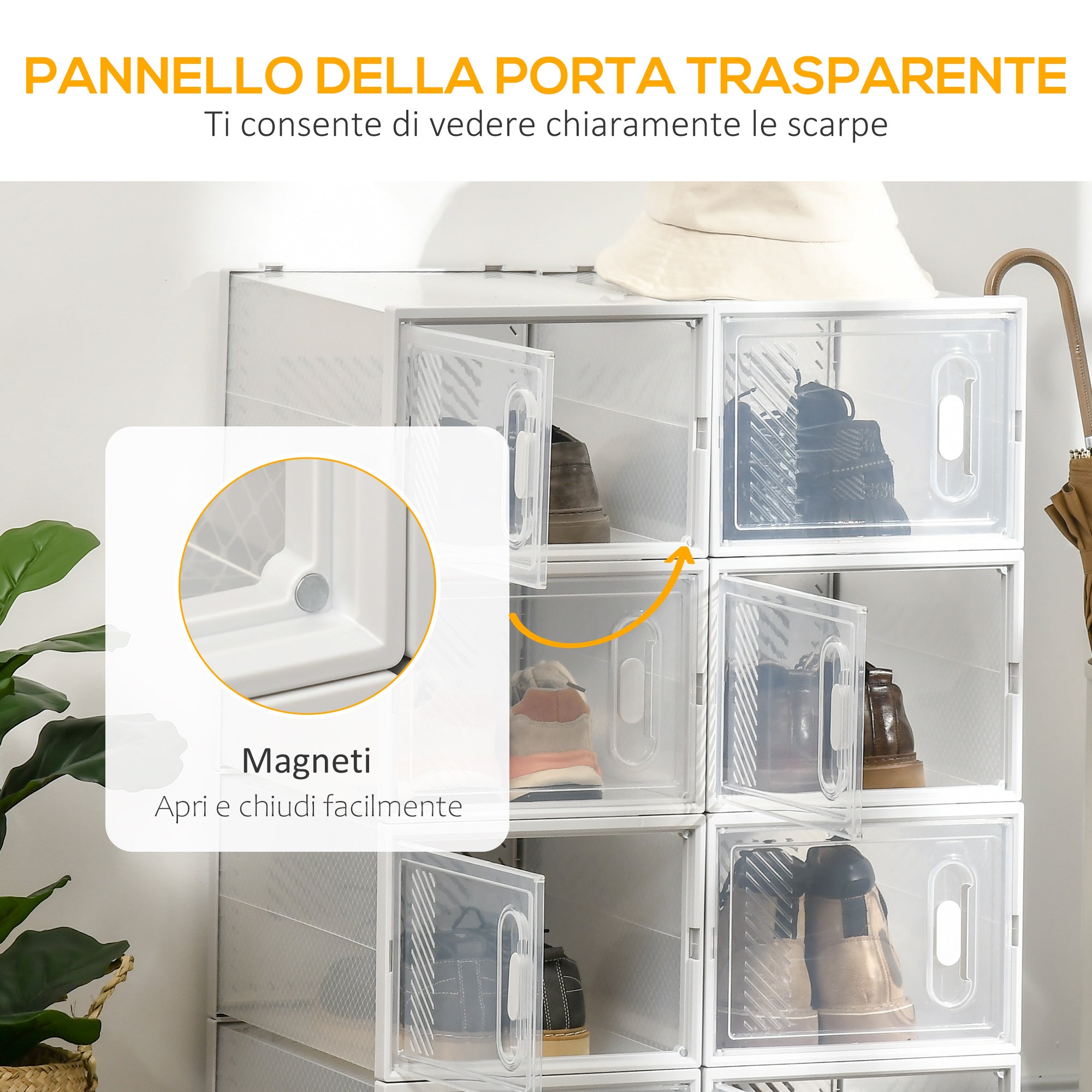 EASYCOMFORT  Mobile Scarpiera Modulare Salvaspazio per Interni con Fori di Ventilazione, 8 Cubi 28x36x21cm in Plastica PP, Bianco e Trasparente