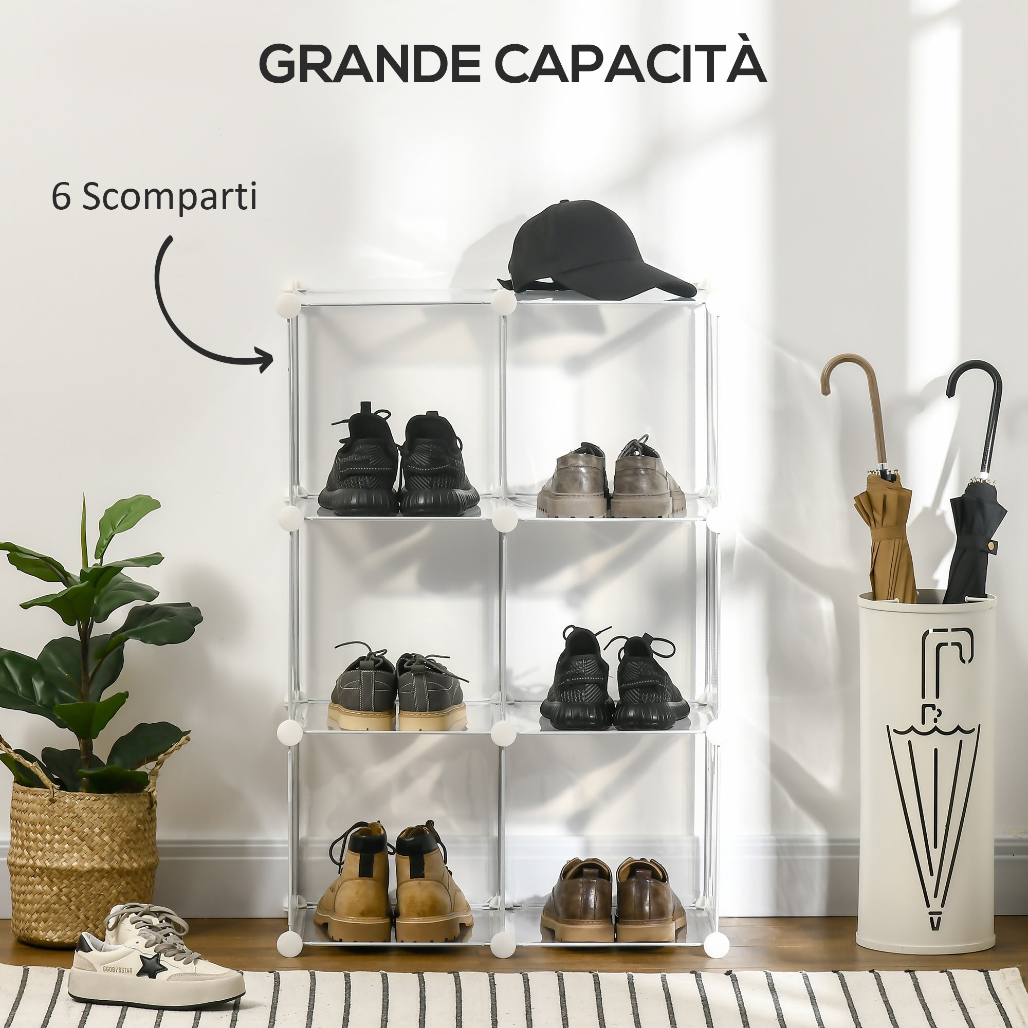 EASYCOMFORT  Mobile Scarpiera Modulare Salvaspazio, 6 Cubi in Plastica PP, 94.5x32x162 cm, Trasparente