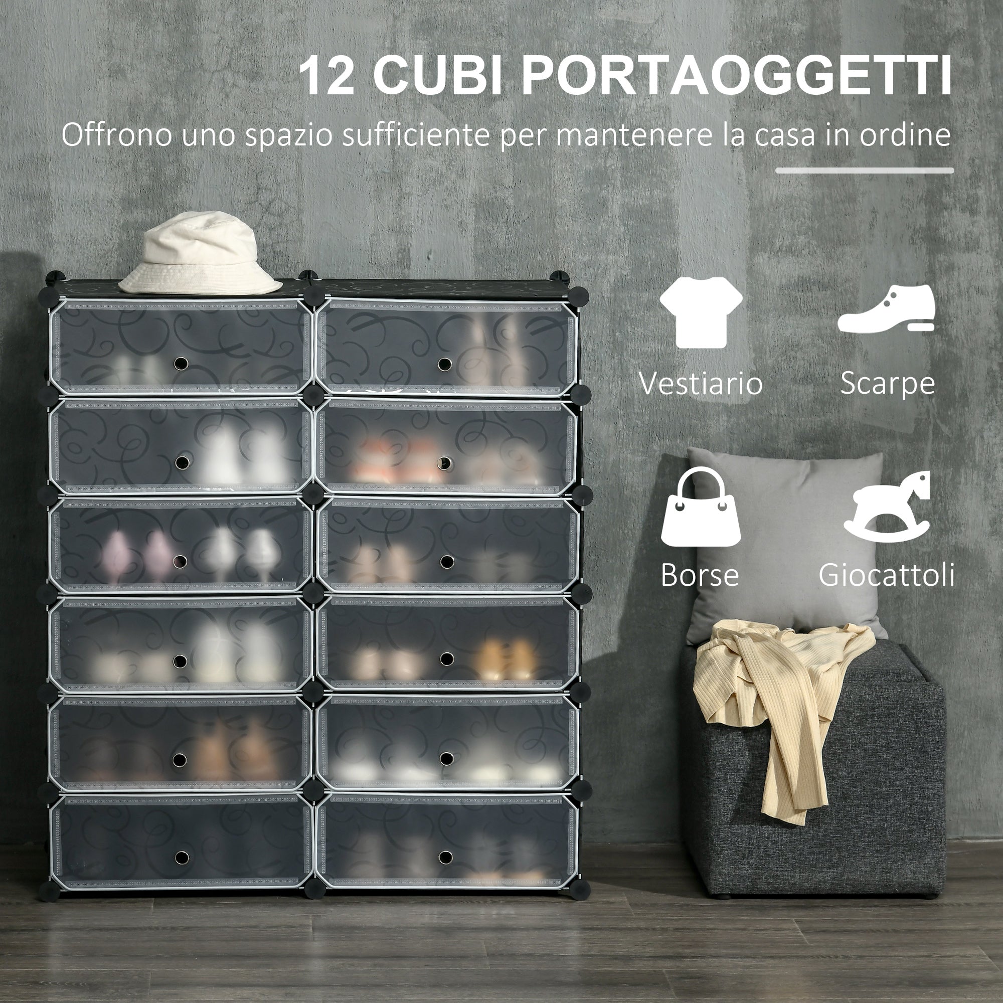 EASYCOMFORT  Mobile Scarpiera Modulare Salvaspazio, 12 Cubi 45x35x16cm in Plastica PP e Acciaio, 94x37x108cm, Nero e Bianco