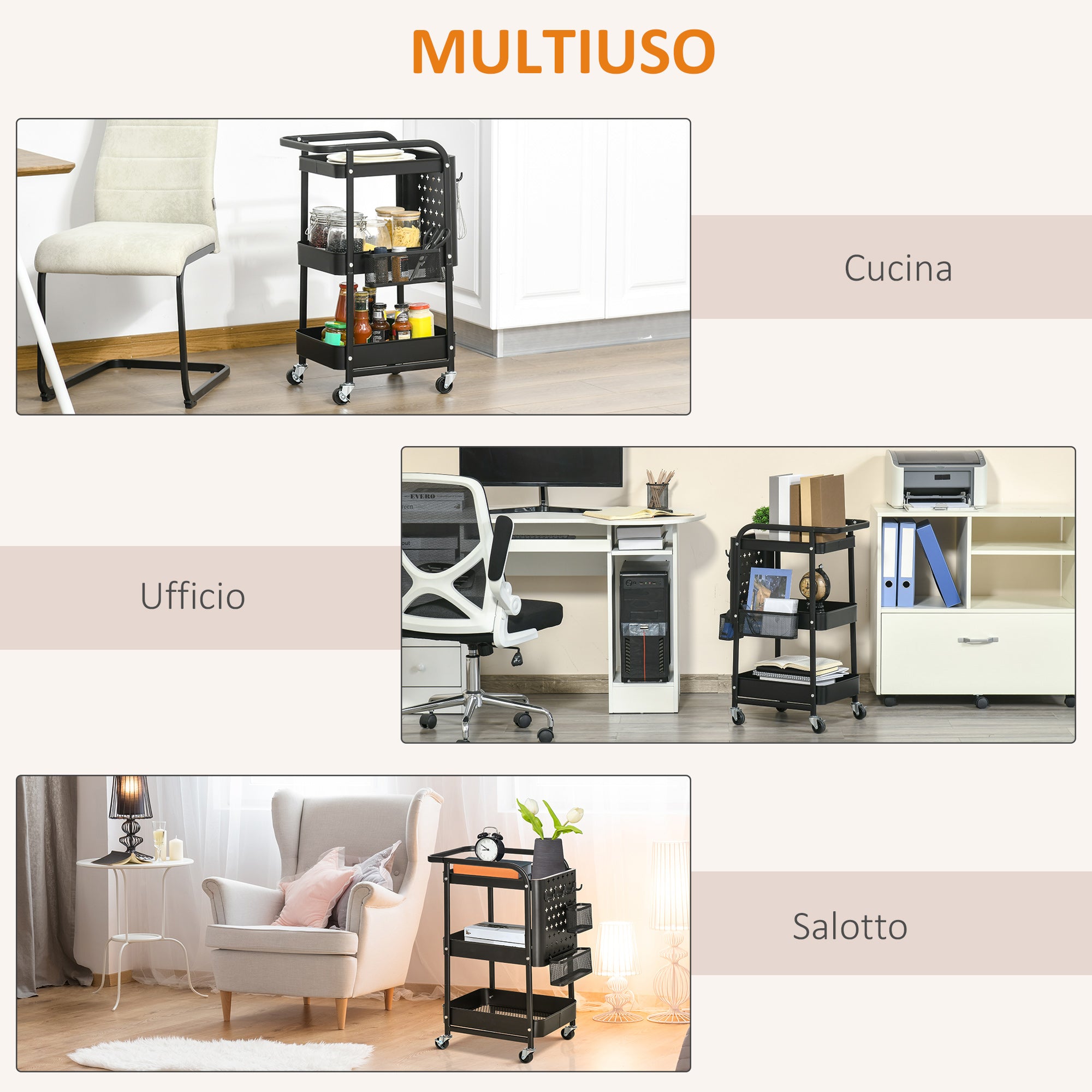 EasyComfort Carrello Portavivande a 3 Livelli con Spazio Multiuso e Ruote, in Acciaio e Plastica PP, 51.5x32x75.6 cm