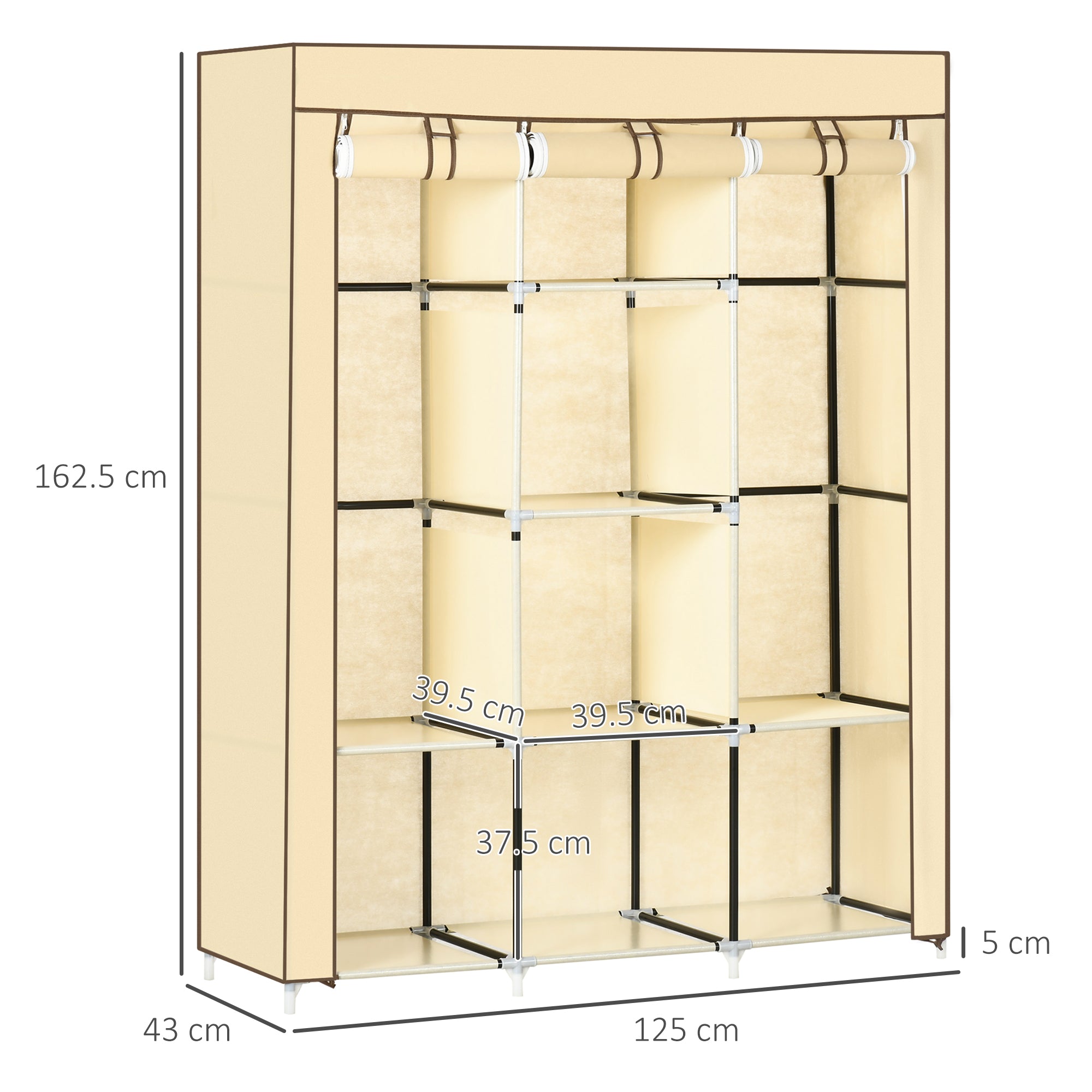 EasyComfort Armadio in Tessuto con 8 Ripiani e 2 Barre con Porta Avvolgibile, 125x46x162.5cm, Beige