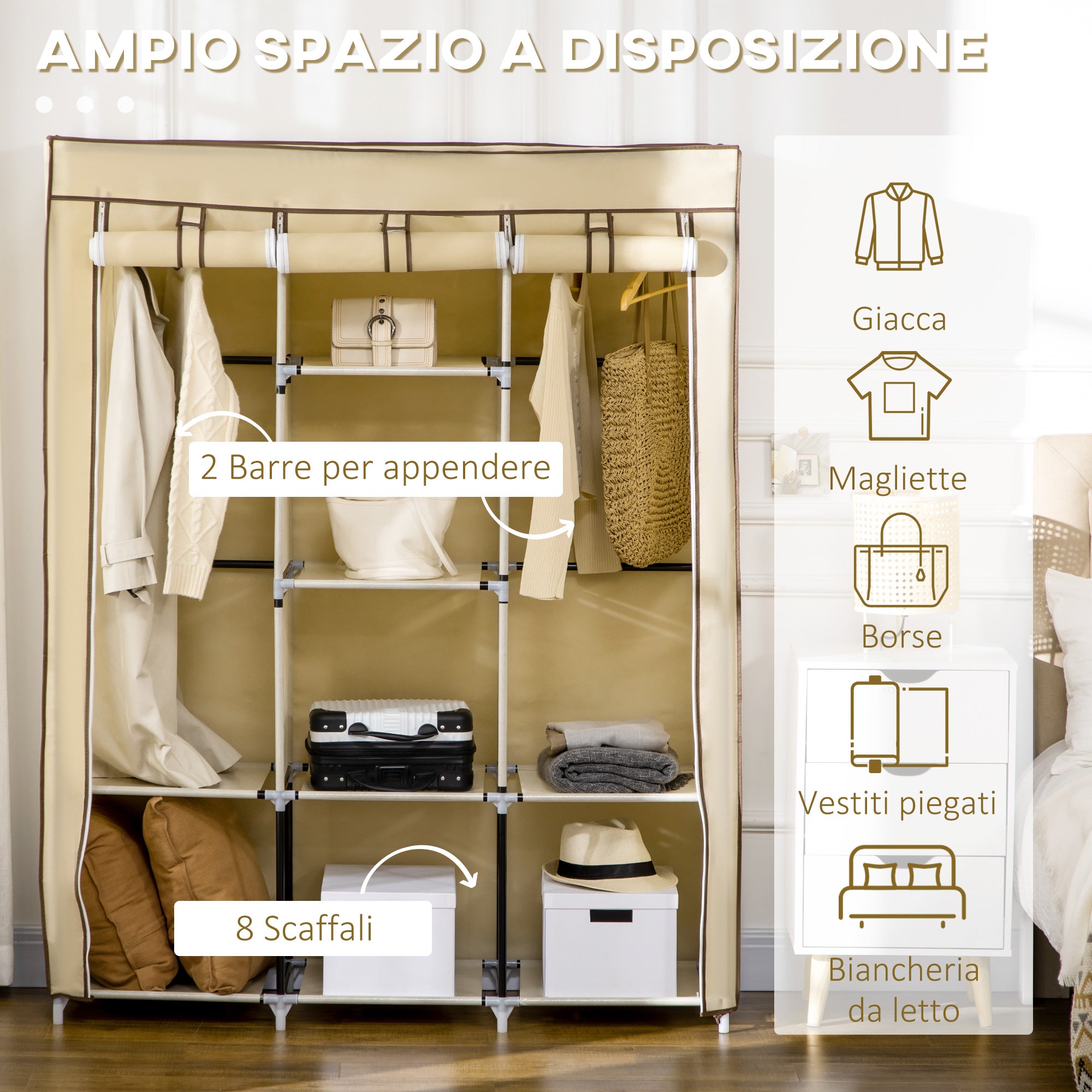 EasyComfort Armadio in Tessuto con 8 Ripiani e 2 Barre con Porta Avvolgibile, 125x46x162.5cm, Beige