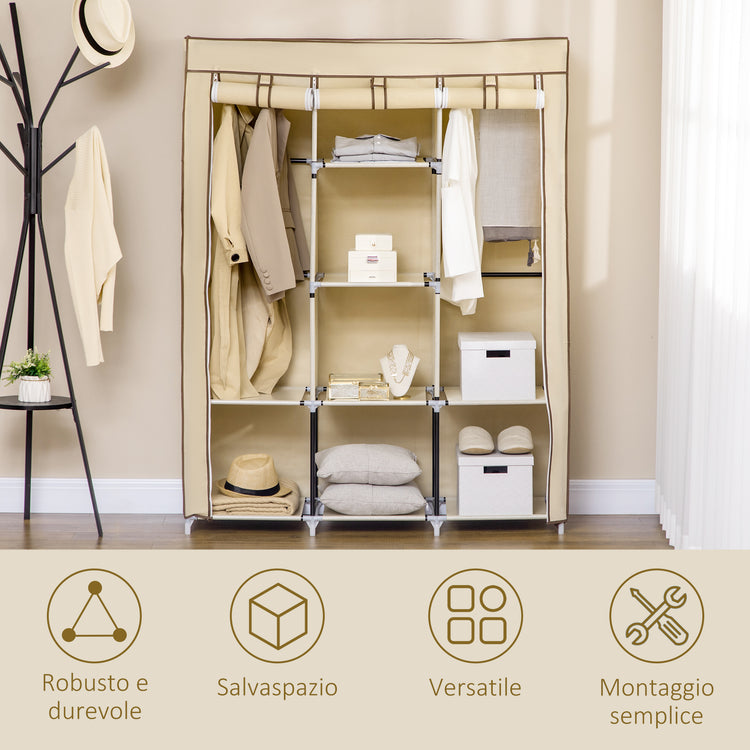 EasyComfort Armadio in Tessuto con 8 Ripiani e 2 Barre con Porta Avvolgibile, 125x46x162.5cm, Beige