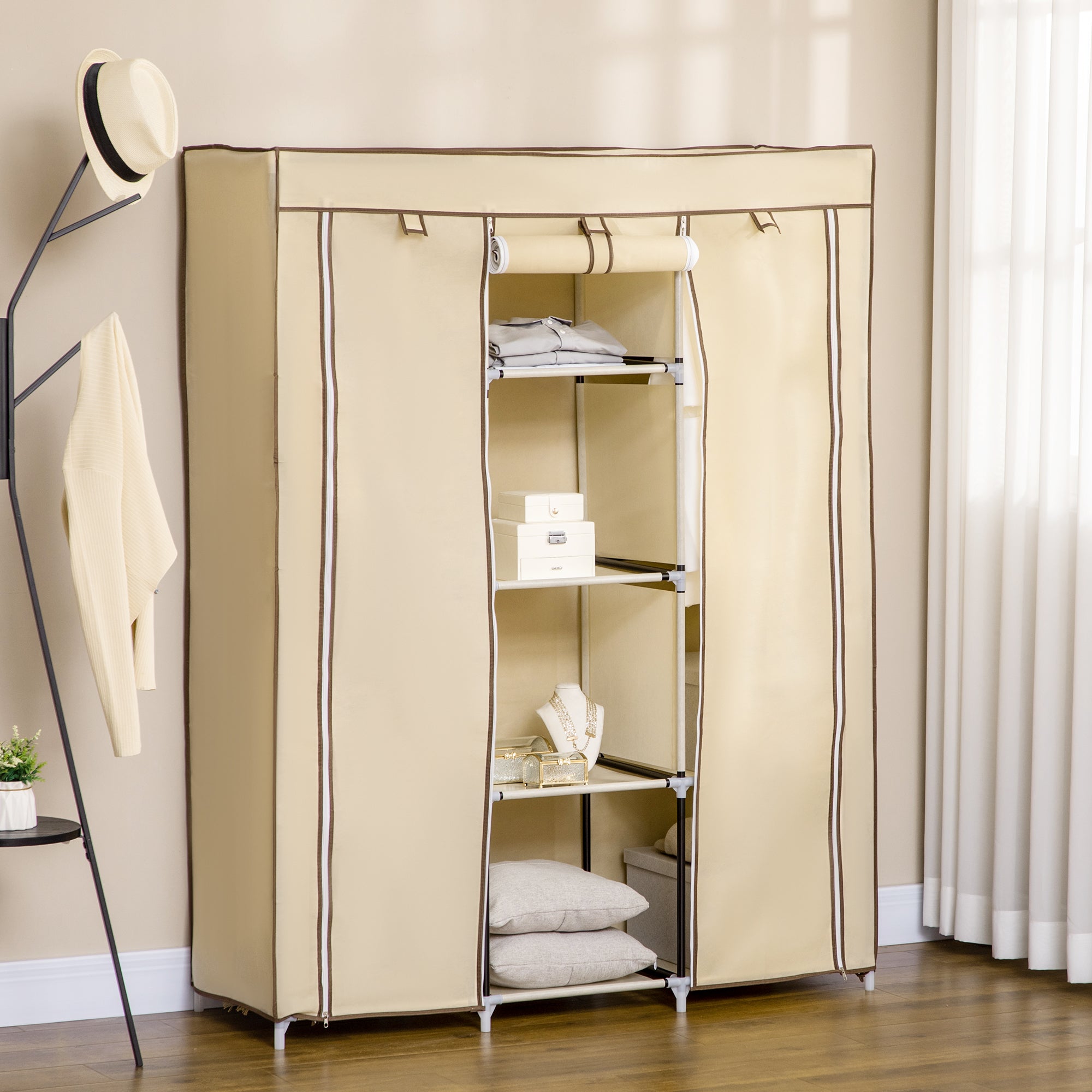 EasyComfort Armadio in Tessuto con 8 Ripiani e 2 Barre con Porta Avvolgibile, 125x46x162.5cm, Beige