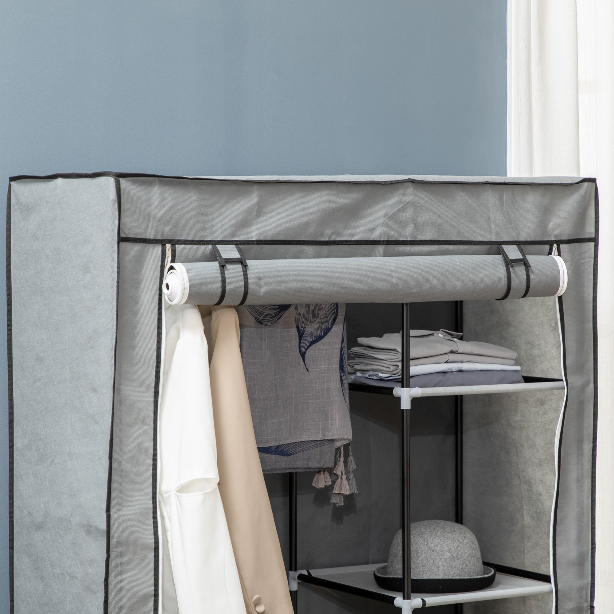 EasyComfort Armadio Guardaroba Portatile Tessuto non Tessuto con 6 Ripiani Aperti e un Appendino, 103x43x162.5 cm, Grigio