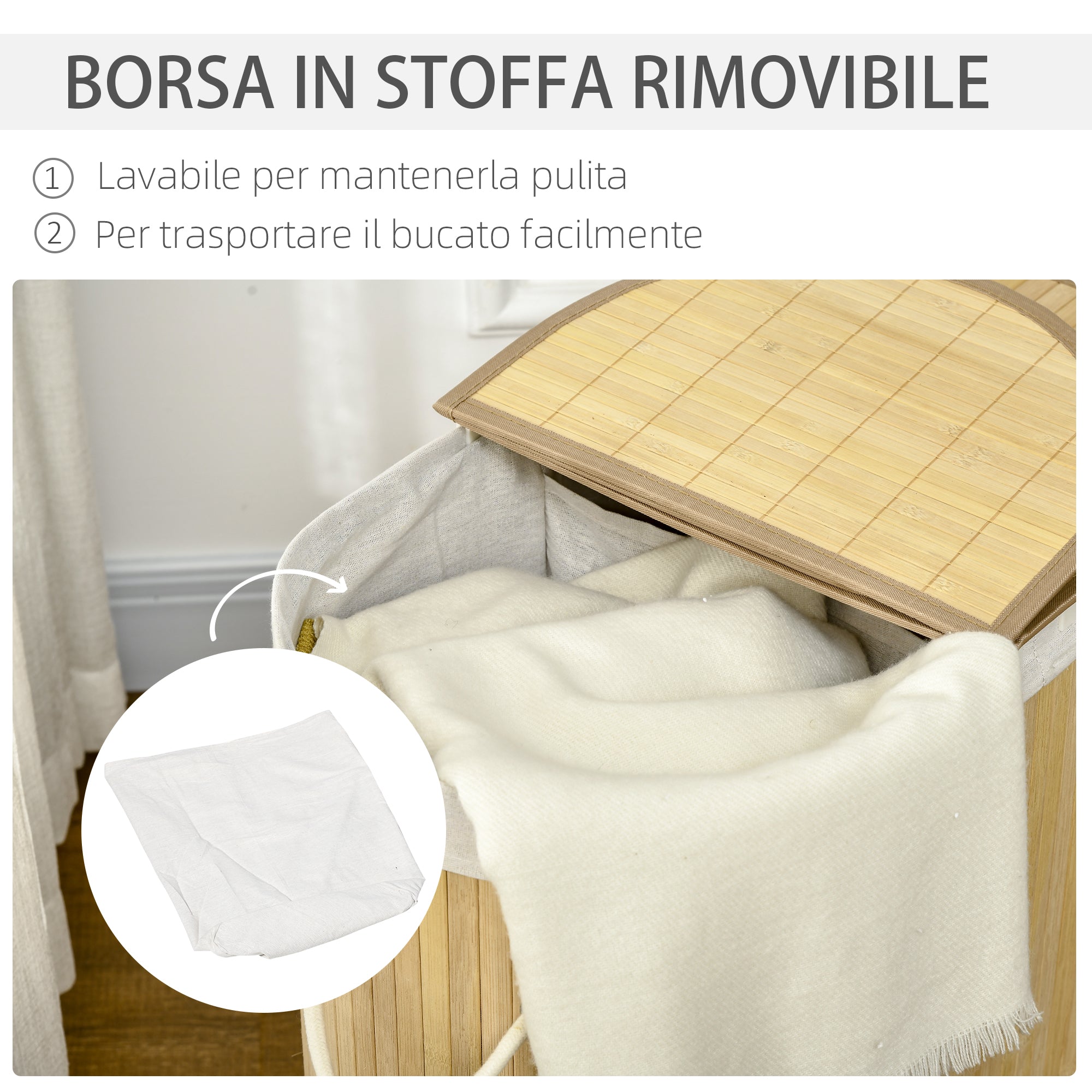 EASYCOMFORT  Cesto Portabiancheria a 2 Sezioni, 2 Coperchi e Capacità 100L con Sacca Interna Removibile, 62.5x37x60.5 cm