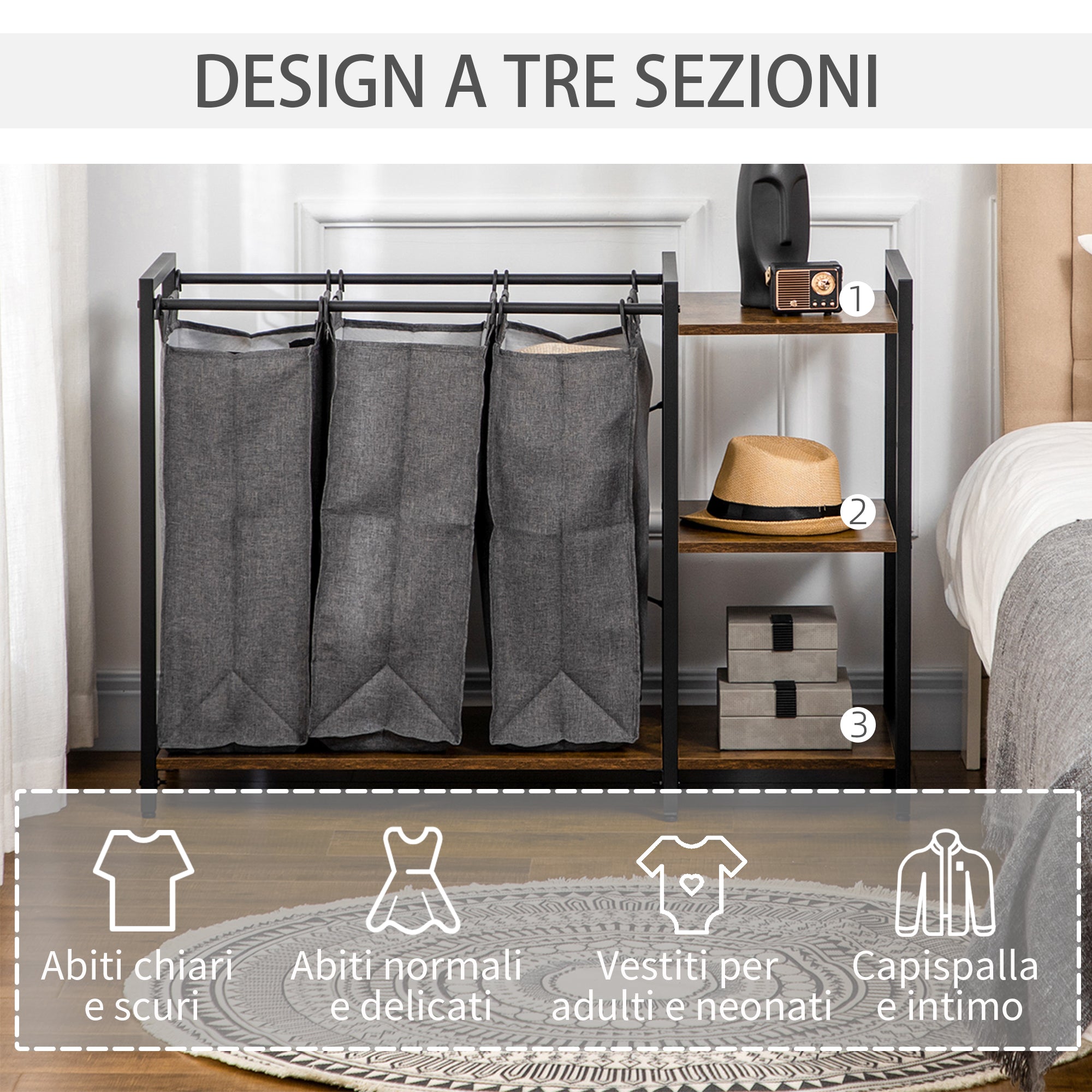 EASYCOMFORT  Mobile Portabiancheria in Stile Industriale con 3 Sacchi in Tessuto e 3 Ripiani, 106x40x75cm