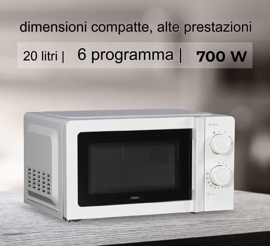 KUMTEL Microonde Bianco 20 Litri 700 W 6 Livelli Potenza Funzione Scongelamento