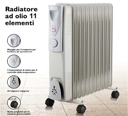 Radiatore ad Olio 11 Elementi Riscaldanti Elettrico 2500W 3 Impostazioni Calore