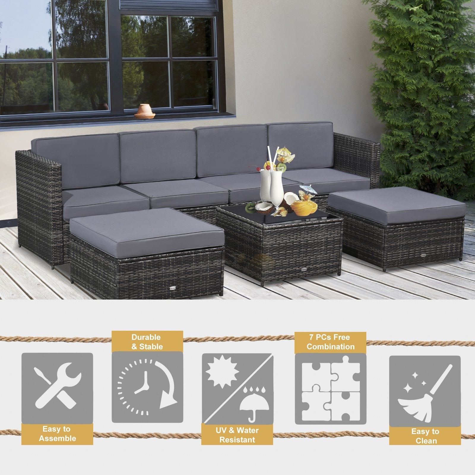 Set Salotto da Giardino Divano 2 Pouf e Tavolino in Rattan Grigio